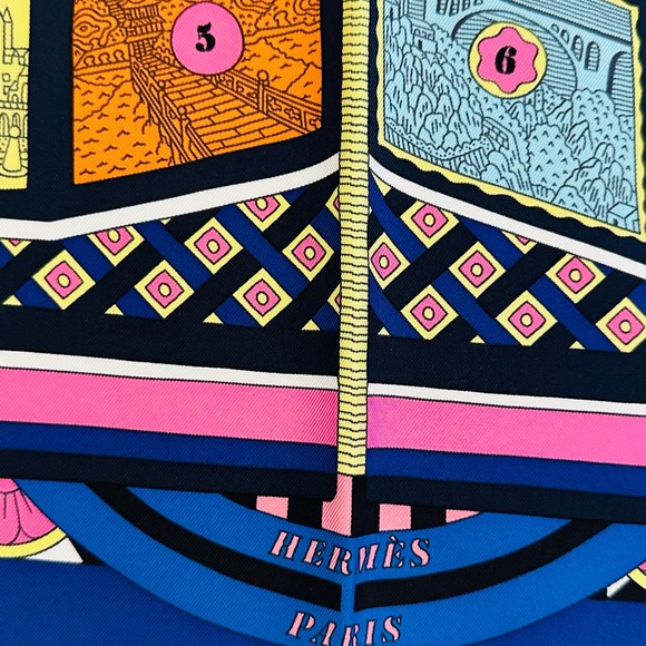 HERMES LE TOUR DU MONDE EN 63 CASES SILK TWILL 90CM SCARF - Picture 2 of 11